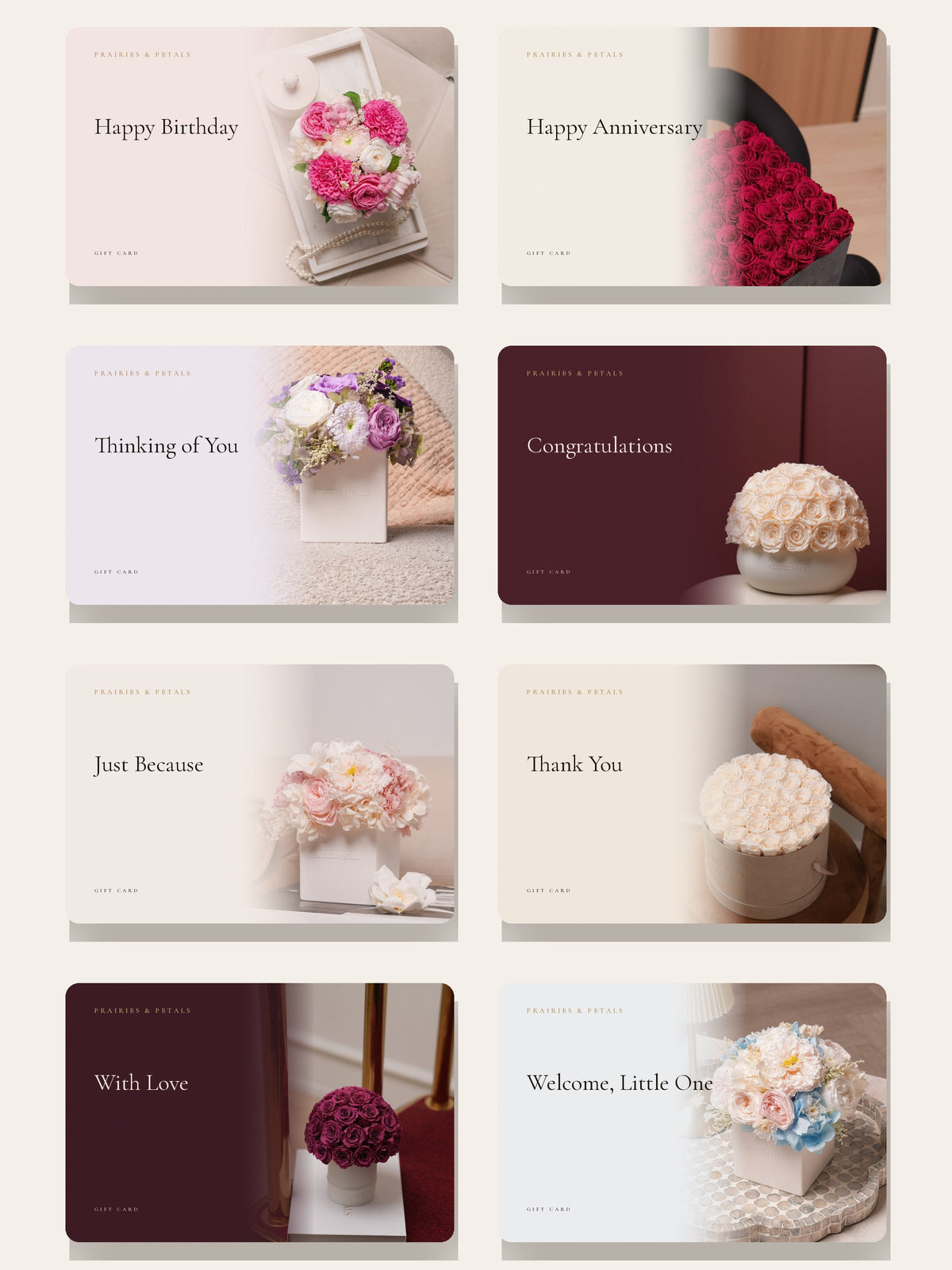 All eight Prairies & Petals gift card designs