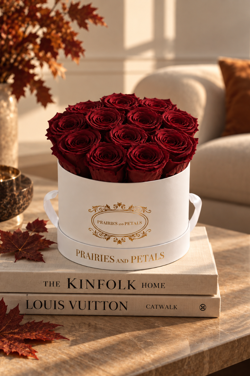 Small Round preserved burgundy roses in white Prairies and Petals box, fall inspired